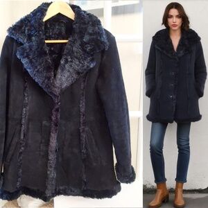 Wilsons Vintage Black Leather and Suede Winter Coat with Faux Fur Trim